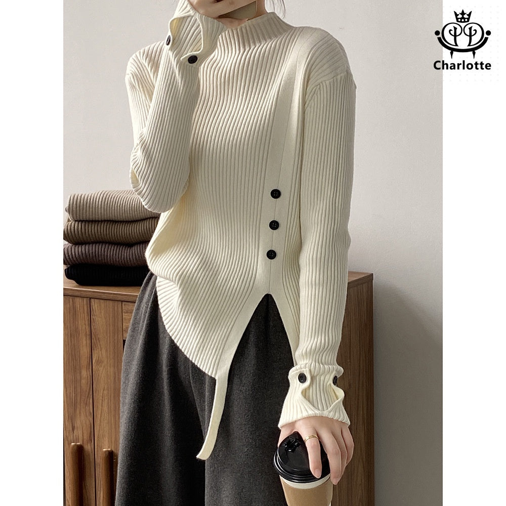 Slim semi-turtle collar soft waxy sweater long-sleeved semi-turtle collar pitted sweater [CHSW57]