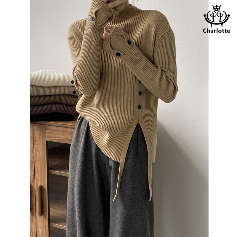 Slim semi-turtle collar soft waxy sweater long-sleeved semi-turtle collar pitted sweater [CHSW57]