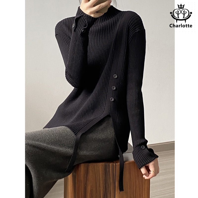 Slim semi-turtle collar soft waxy sweater long-sleeved semi-turtle collar pitted sweater [CHSW57]