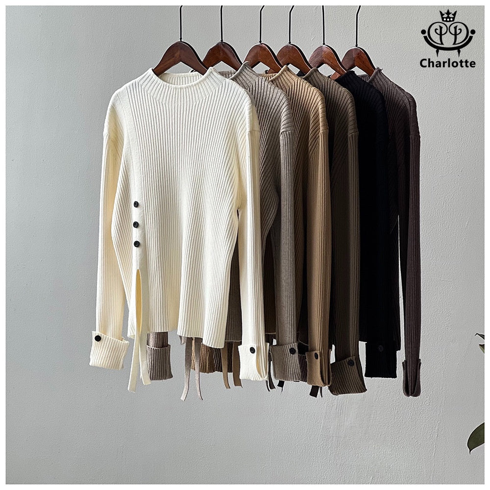 Slim semi-turtle collar soft waxy sweater long-sleeved semi-turtle collar pitted sweater [CHSW57]