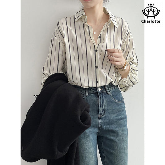 Harajuku style vertical striped shirt long sleeve striped shirt [CHSH106]