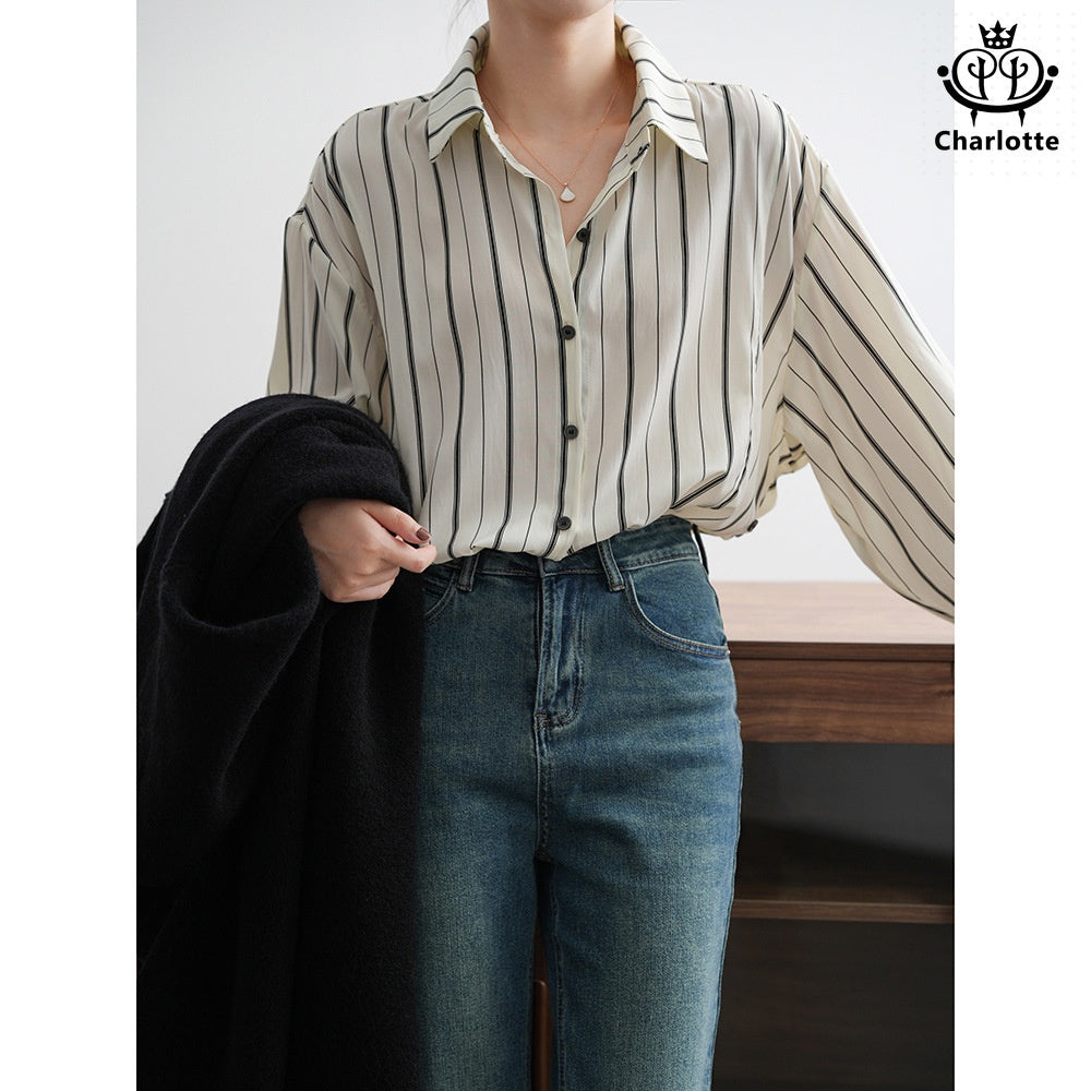 Harajuku style vertical striped shirt long sleeve striped shirt [CHSH106]