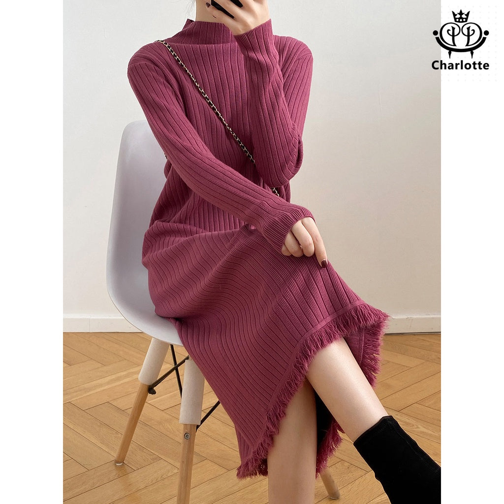 Soft and waxy fringed skirt winter half turtleneck knitted sweater skirt [CHSK122]