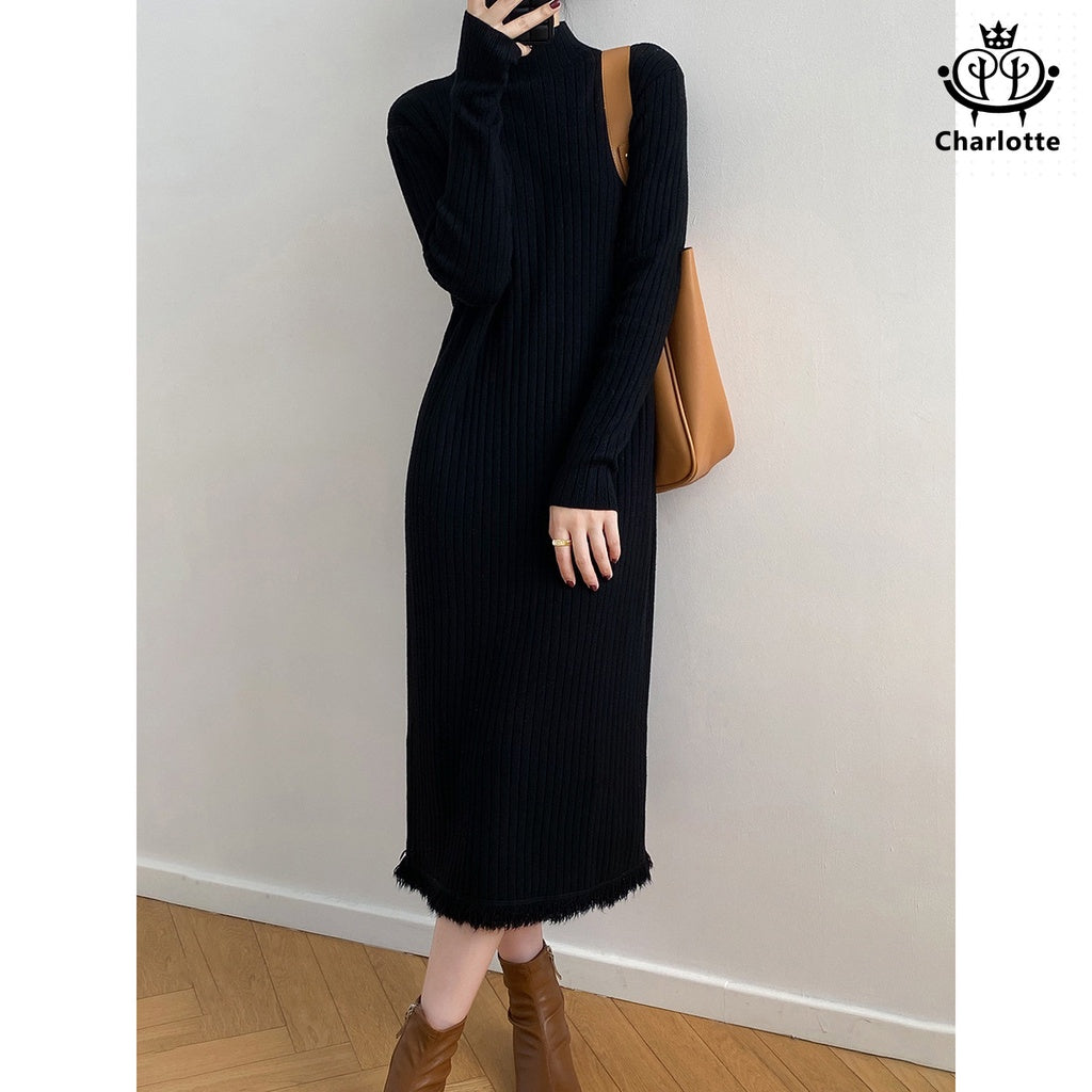 Soft and waxy fringed skirt winter half turtleneck knitted sweater skirt [CHSK122]