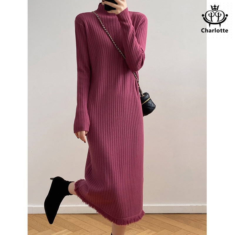 Soft and waxy fringed skirt winter half turtleneck knitted sweater skirt [CHSK122]