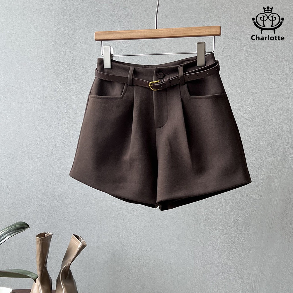 Pocket-thick woolen shorts, high-waisted wide-leg shorts [CHOR9]