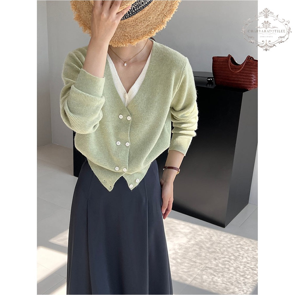 Atmospheric fake two-piece knitted sweater Korean style fake two-piece knitted top [CHSW64]