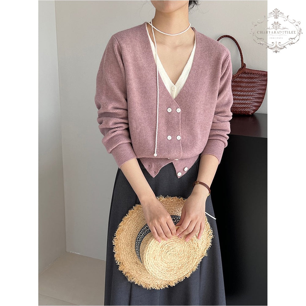 Atmospheric fake two-piece knitted sweater Korean style fake two-piece knitted top [CHSW64]