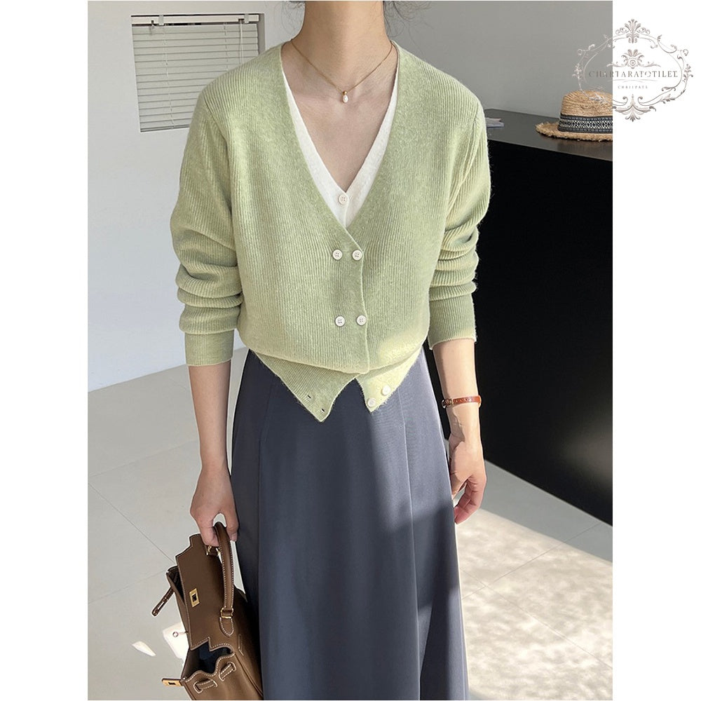 Atmospheric fake two-piece knitted sweater Korean style fake two-piece knitted top [CHSW64]