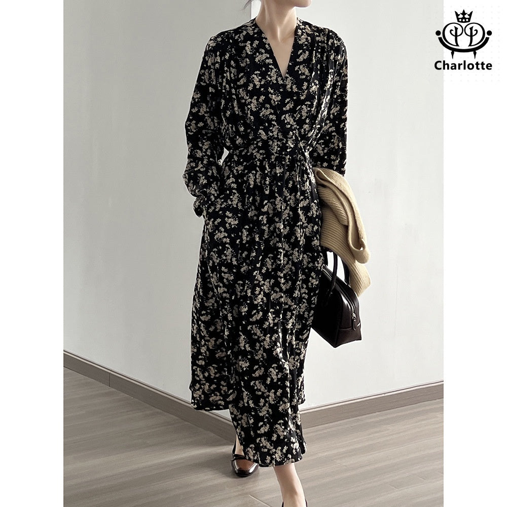 French retro floral V-neck dress floral dress [CHSK126]