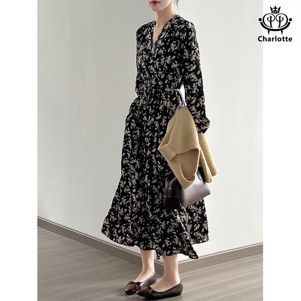 French retro floral V-neck dress floral dress [CHSK126]