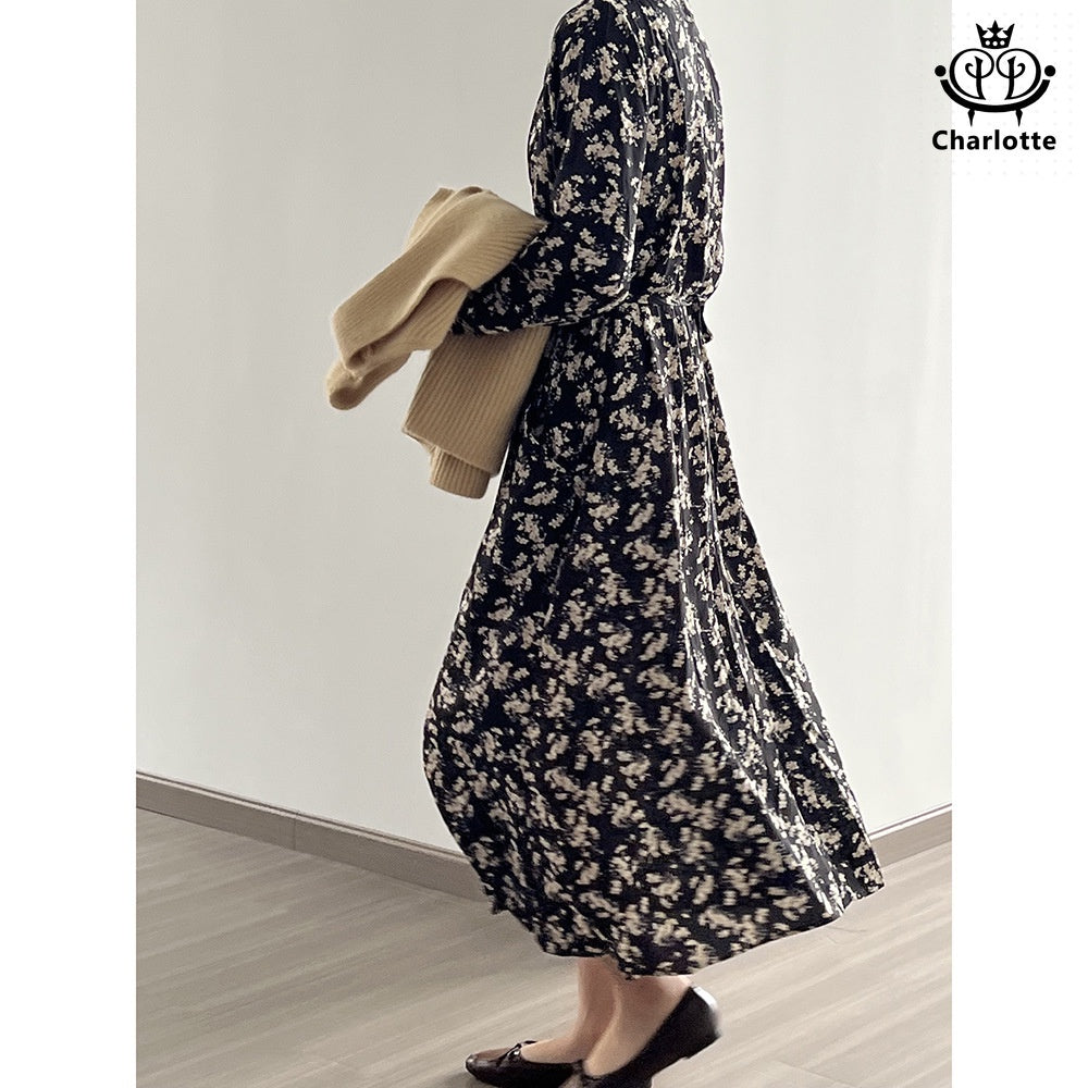 French retro floral V-neck dress floral dress [CHSK126]