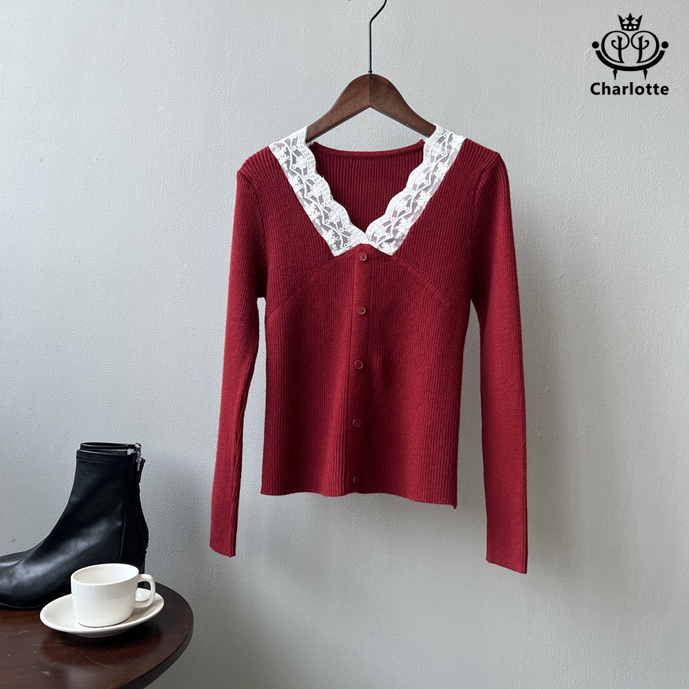 Ladies lace spliced ​​V-neck knitted top lace spliced ​​knitted sweater [CHSW56]