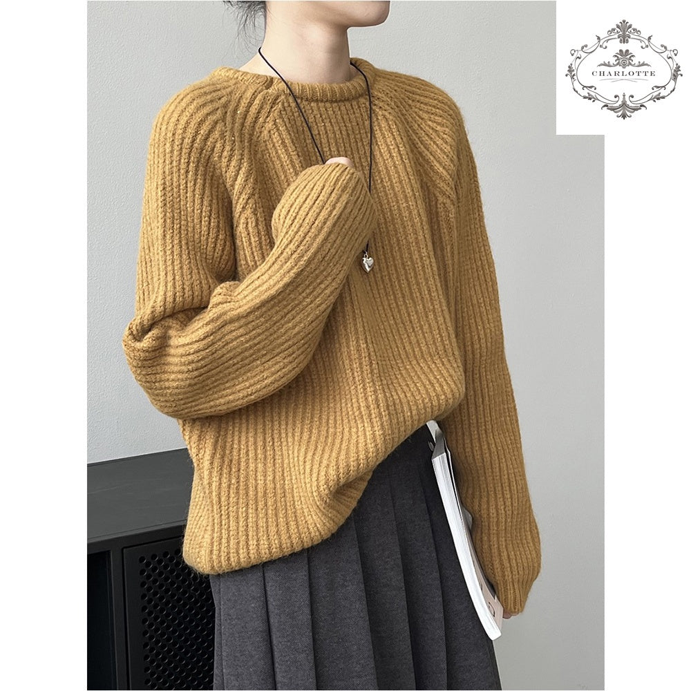 Japanese lazy style round neck sweater winter soft and waxy candy color versatile knitted top [CHSW62]