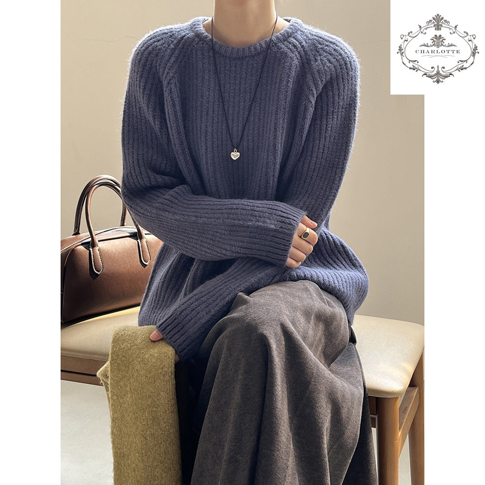 Japanese lazy style round neck sweater winter soft and waxy candy color versatile knitted top [CHSW62]