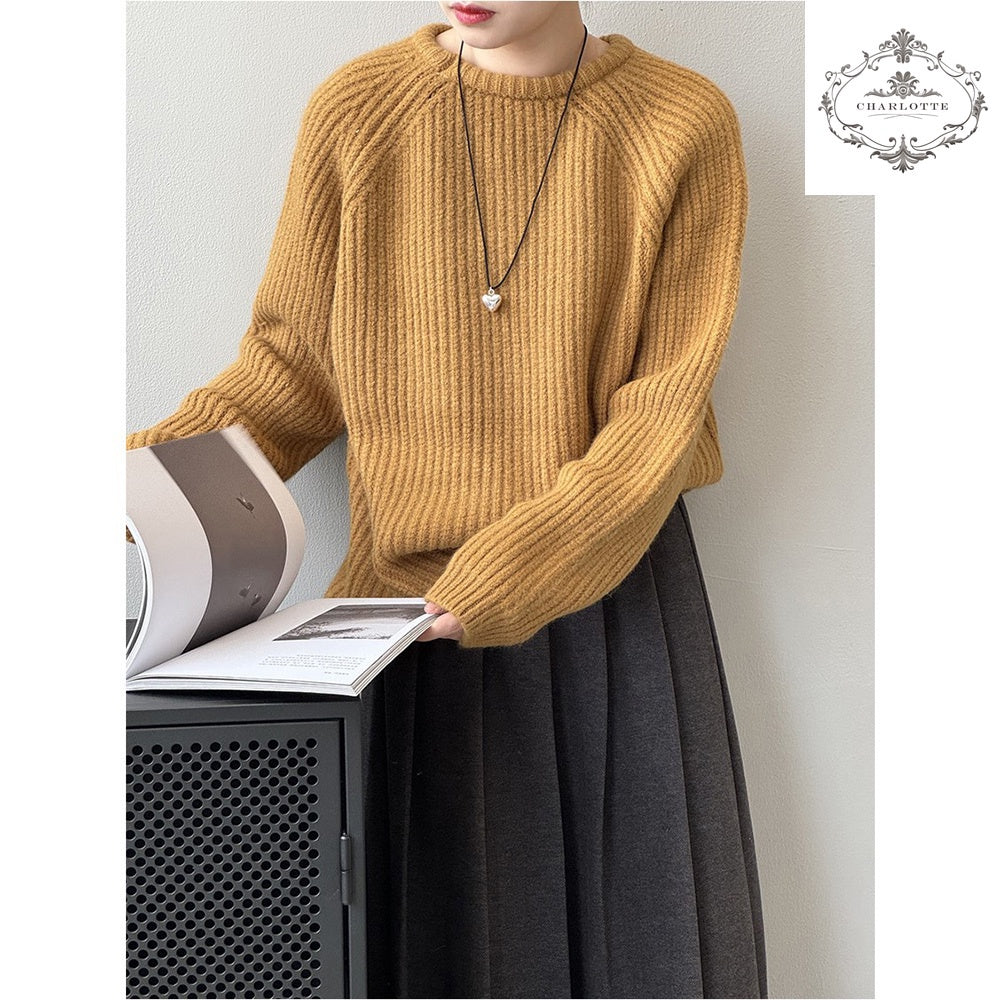 Japanese lazy style round neck sweater winter soft and waxy candy color versatile knitted top [CHSW62]