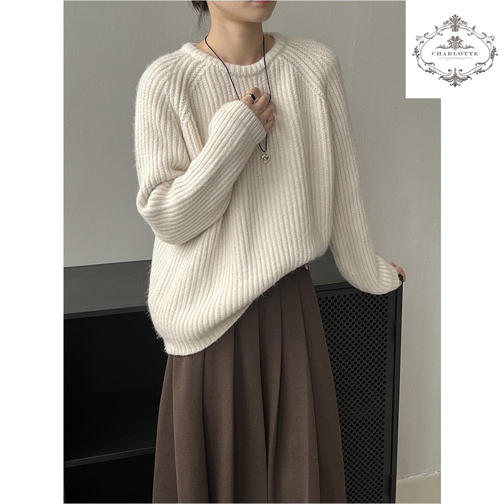 Japanese lazy style round neck sweater winter soft and waxy candy color versatile knitted top [CHSW62]