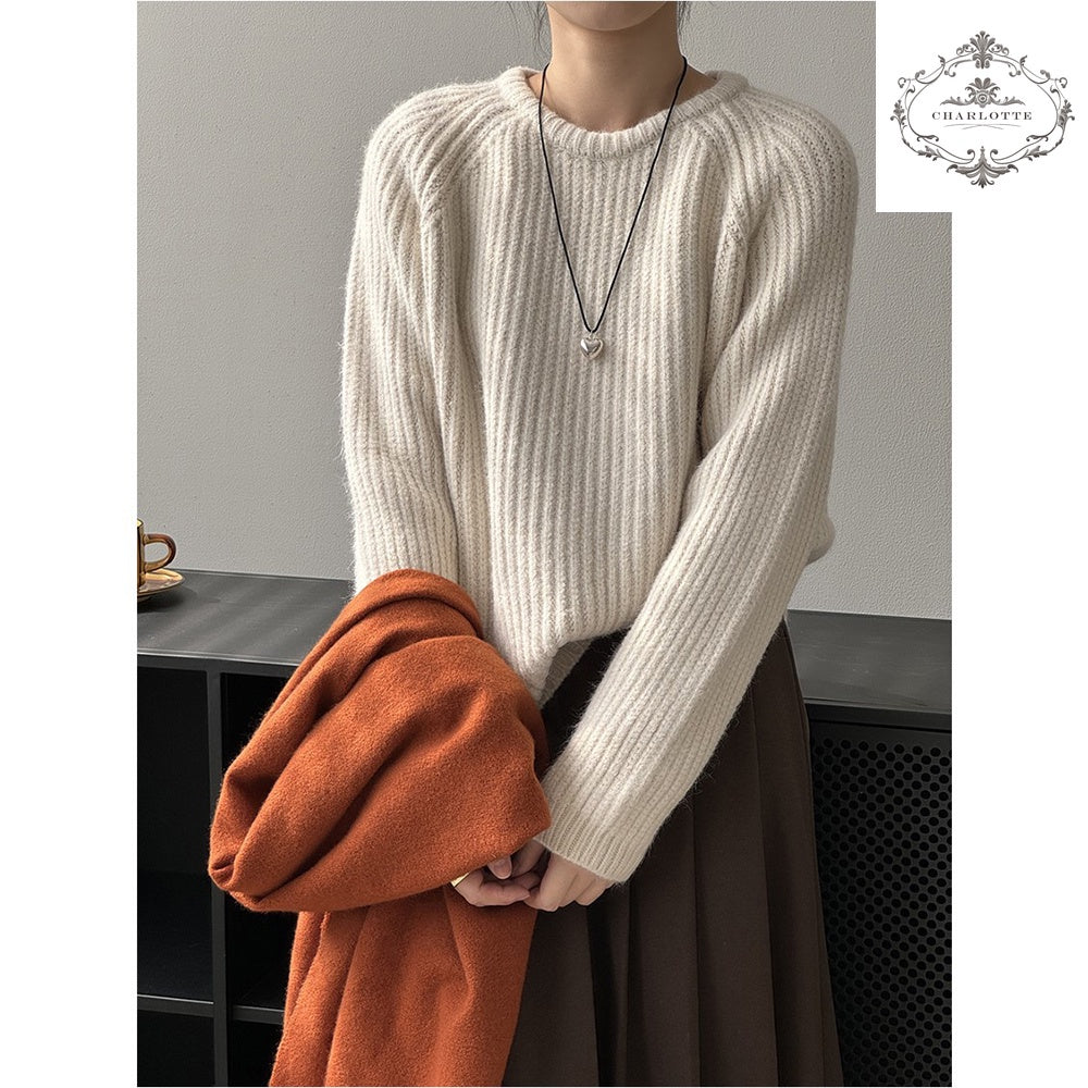 Japanese lazy style round neck sweater winter soft and waxy candy color versatile knitted top [CHSW62]