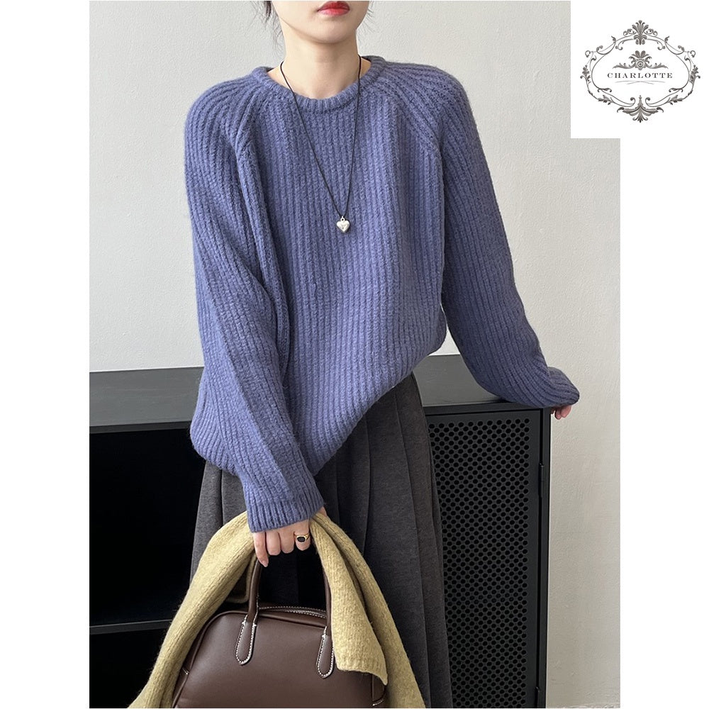 Japanese lazy style round neck sweater winter soft and waxy candy color versatile knitted top [CHSW62]