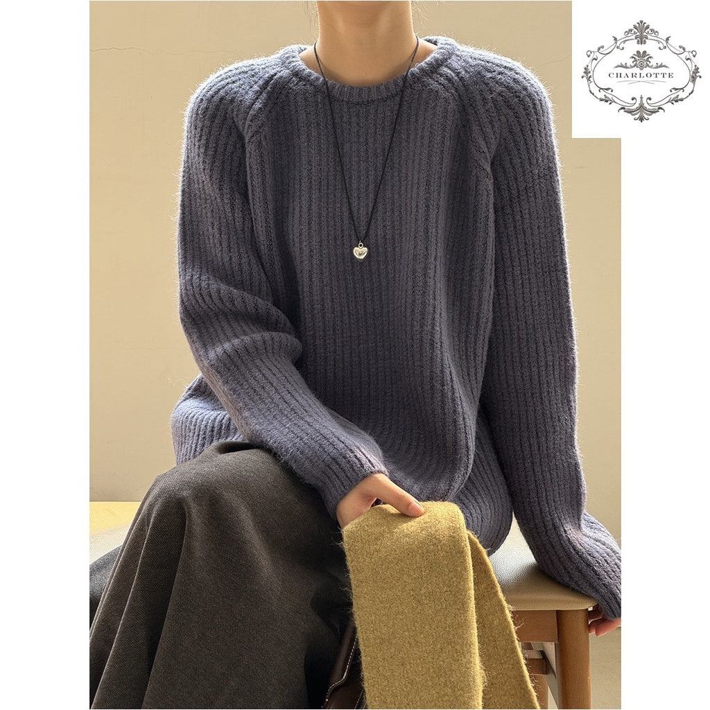 Japanese lazy style round neck sweater winter soft and waxy candy color versatile knitted top [CHSW62]