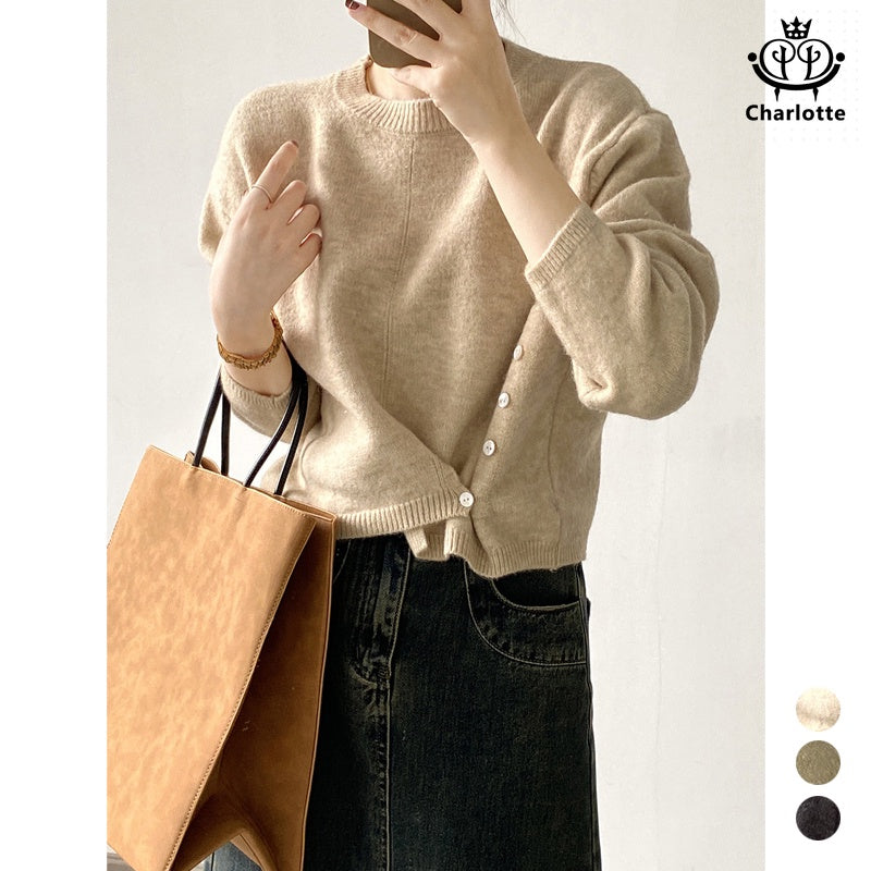 Irregular round neck design sweater solid color side-breasted sweater [CHSW51]