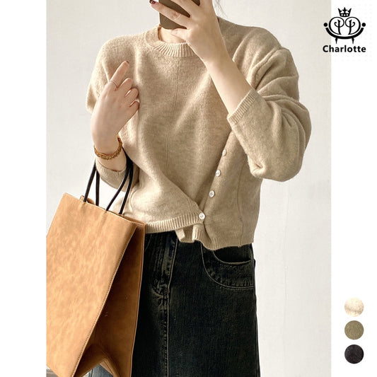 Irregular round neck design sweater solid color side-breasted sweater [CHSW51]