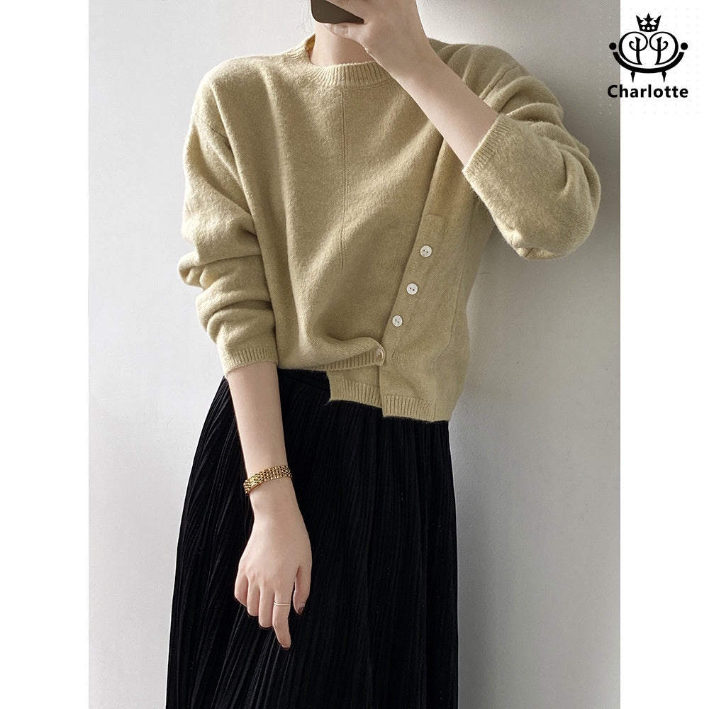 Irregular round neck design sweater solid color side-breasted sweater [CHSW51]