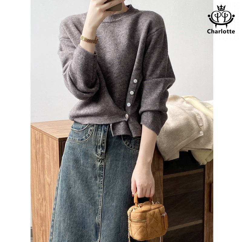 Irregular round neck design sweater solid color side-breasted sweater [CHSW51]