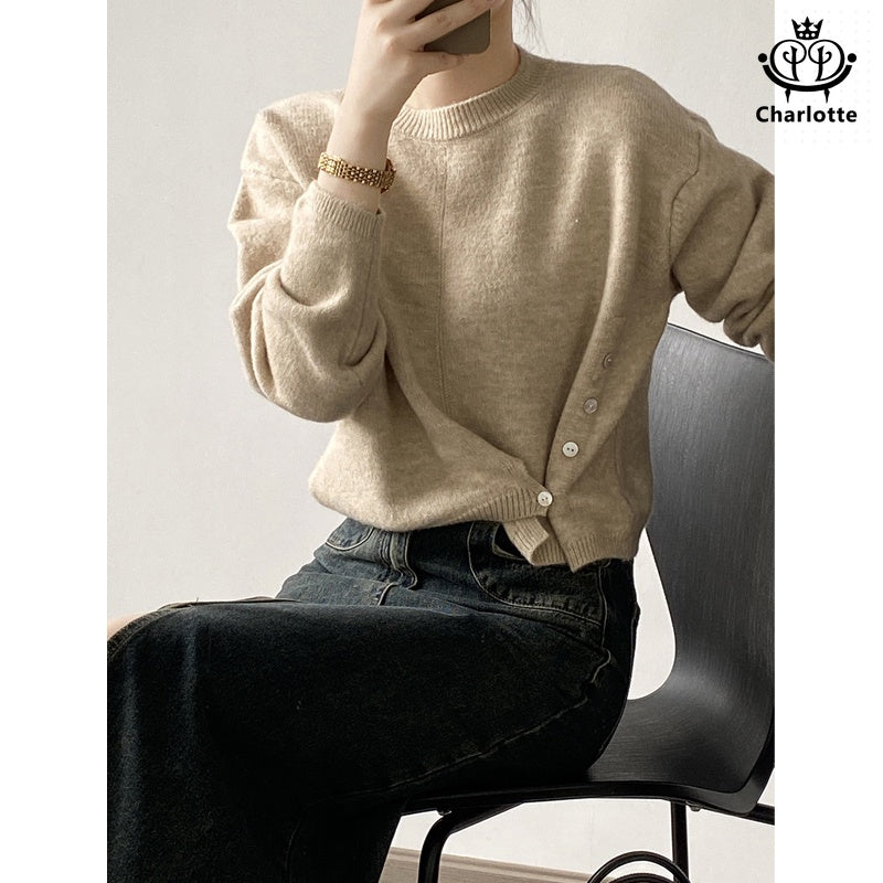 Irregular round neck design sweater solid color side-breasted sweater [CHSW51]