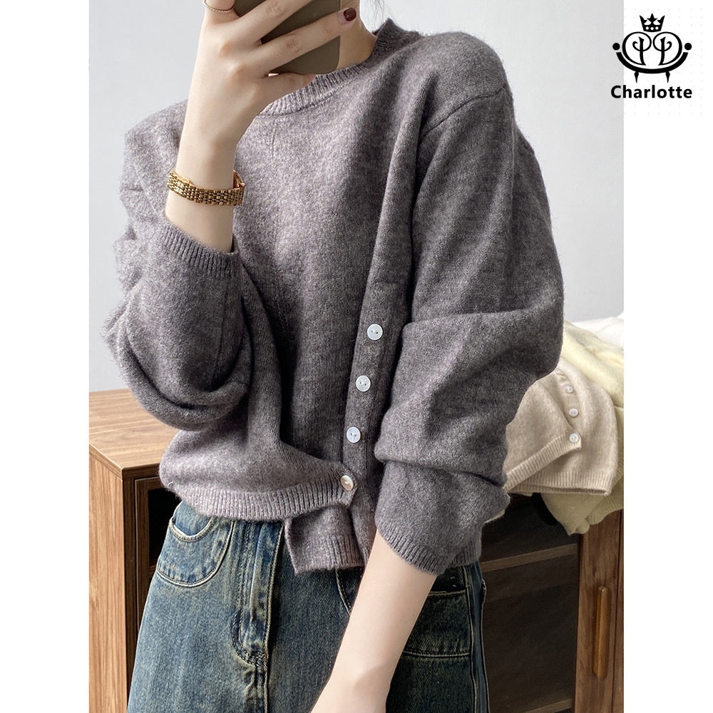 Irregular round neck design sweater solid color side-breasted sweater [CHSW51]