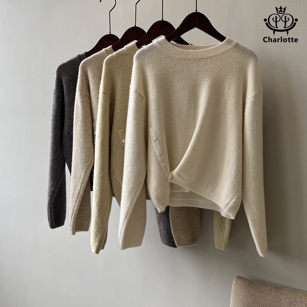 Irregular round neck design sweater solid color side-breasted sweater [CHSW51]