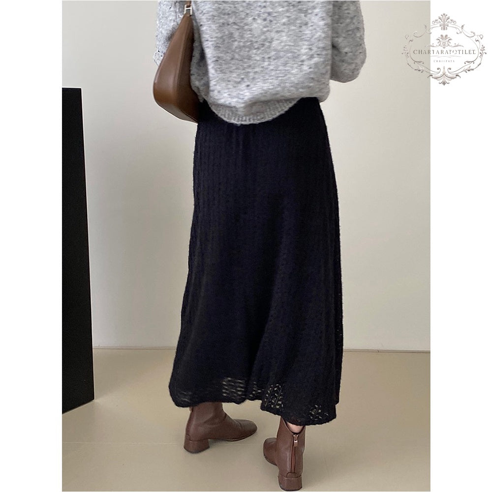 French heavy-duty lace high-waisted skirt in winter, thickened to cover the flesh and look slimming, versatile solid color skirt [CHSK128]