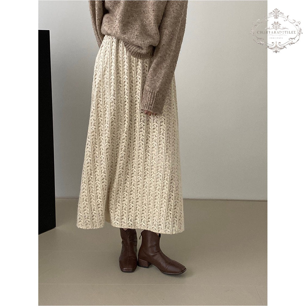 French heavy-duty lace high-waisted skirt in winter, thickened to cover the flesh and look slimming, versatile solid color skirt [CHSK128]