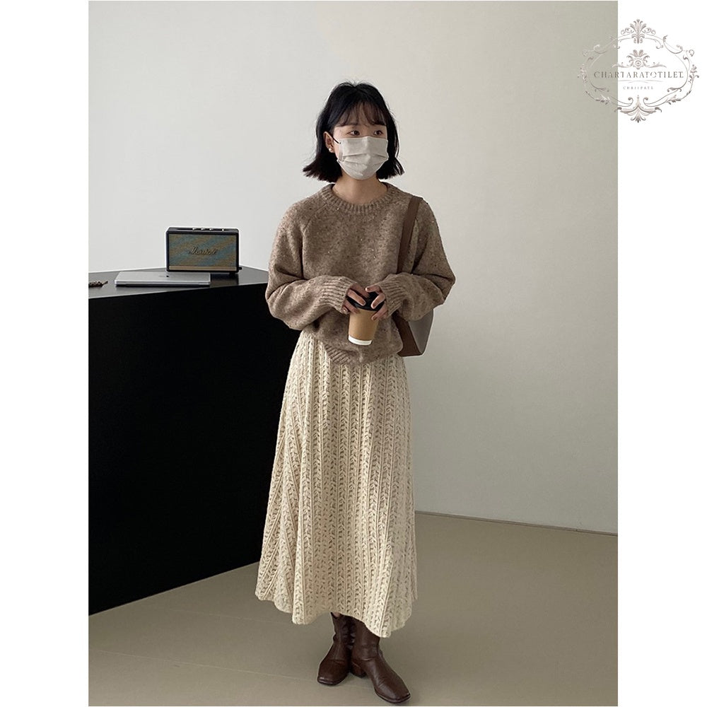 French heavy-duty lace high-waisted skirt in winter, thickened to cover the flesh and look slimming, versatile solid color skirt [CHSK128]