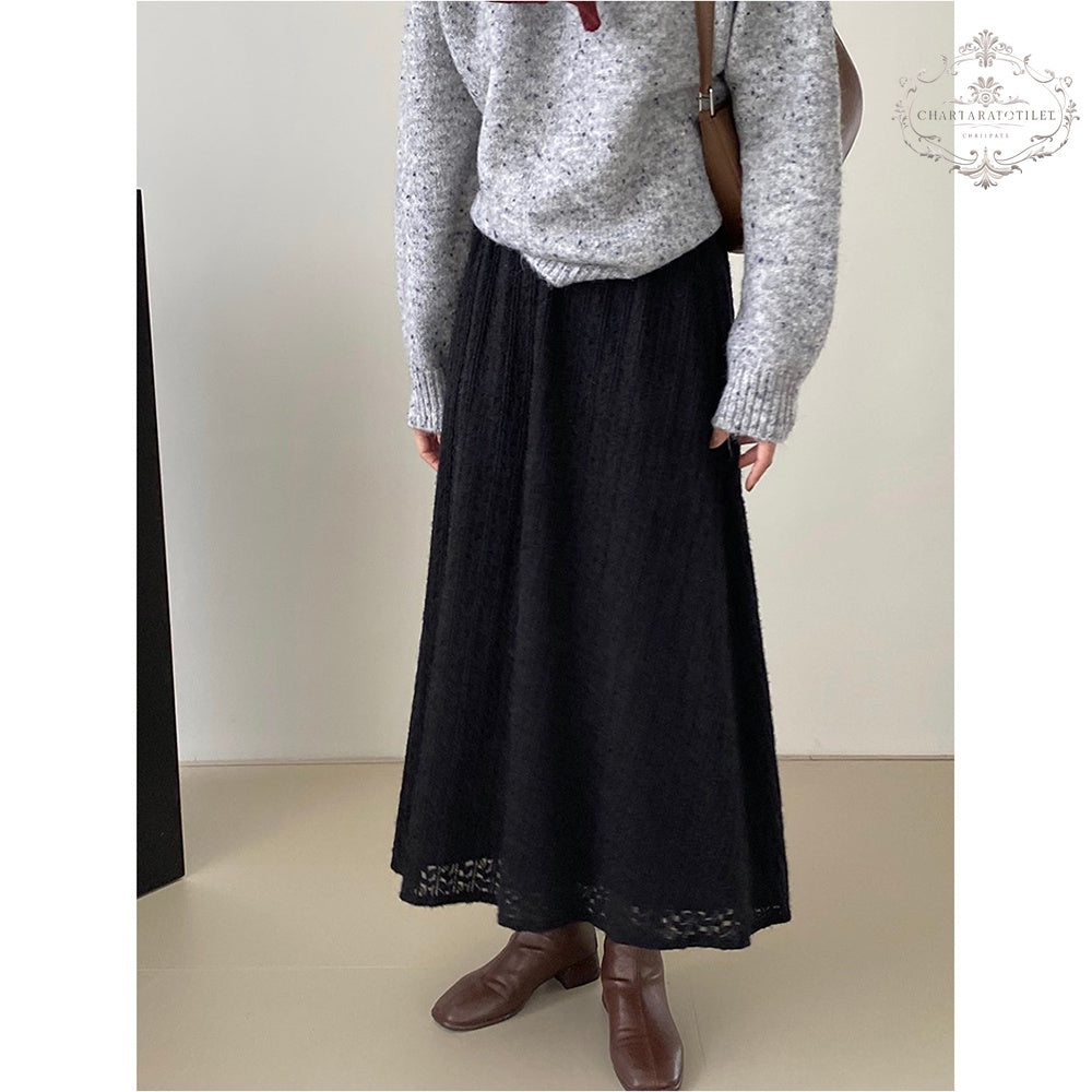 French heavy-duty lace high-waisted skirt in winter, thickened to cover the flesh and look slimming, versatile solid color skirt [CHSK128]