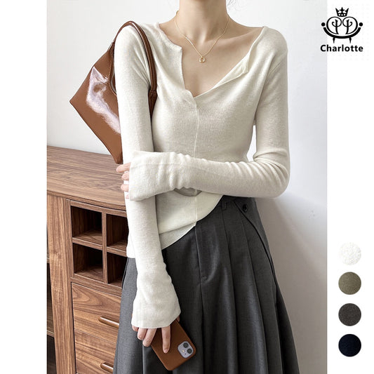 French V-neck open sweater solid color V-neck pin-up shirt [CHSW58]