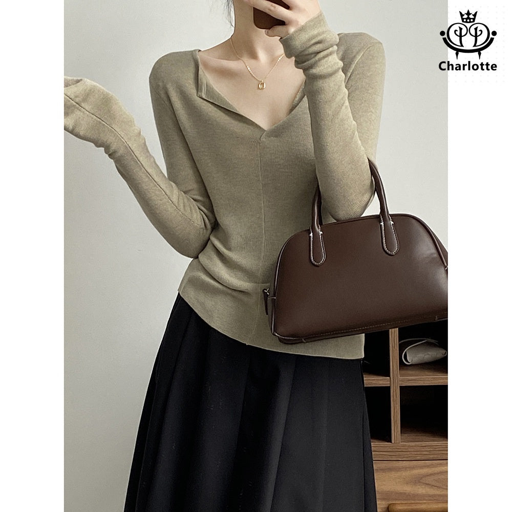 French V-neck open sweater solid color V-neck pin-up shirt [CHSW58]