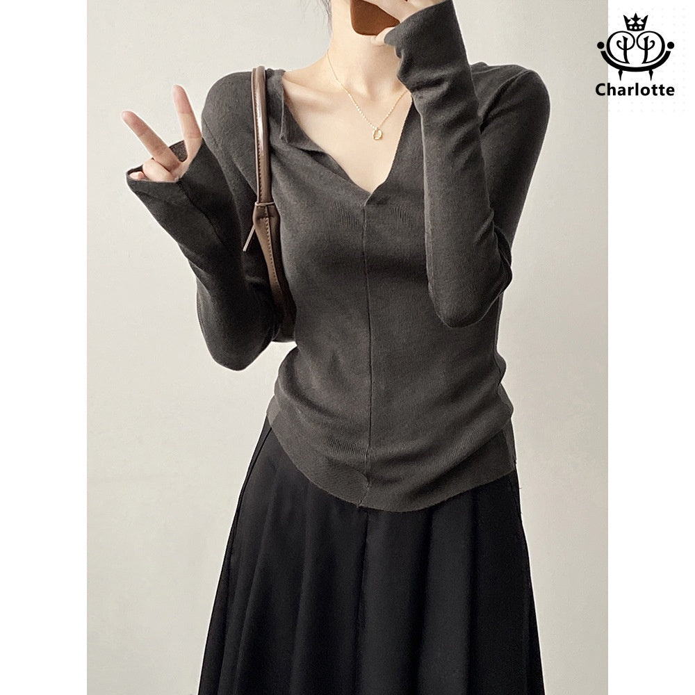 French V-neck open sweater solid color V-neck pin-up shirt [CHSW58]