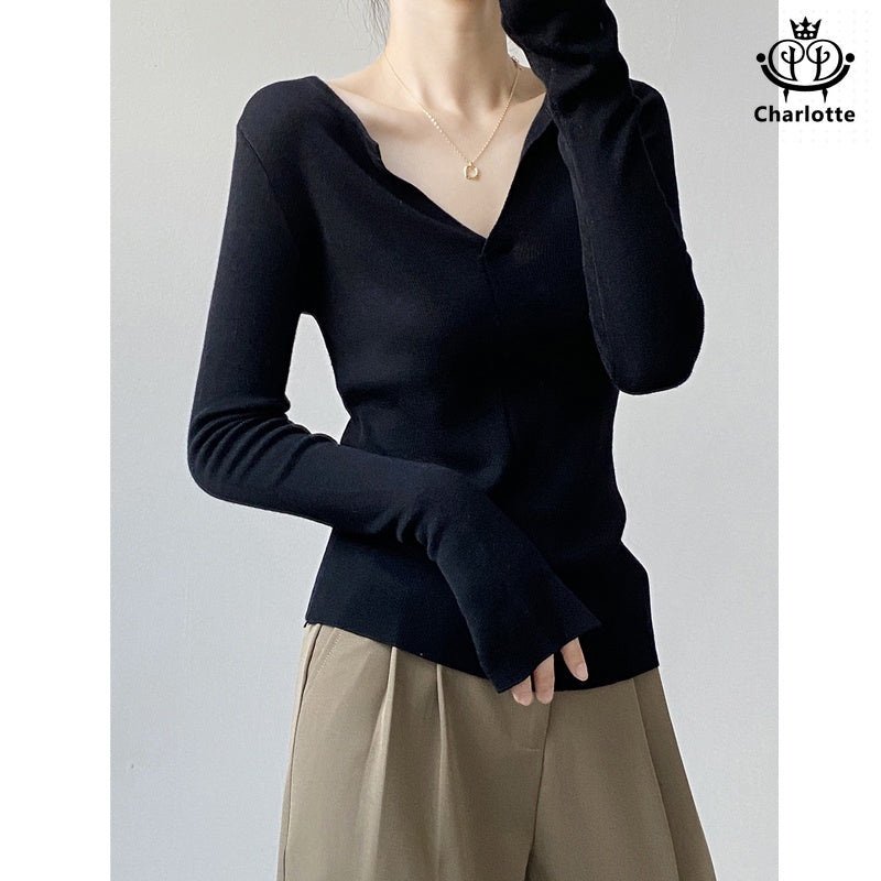 French V-neck open sweater solid color V-neck pin-up shirt [CHSW58]