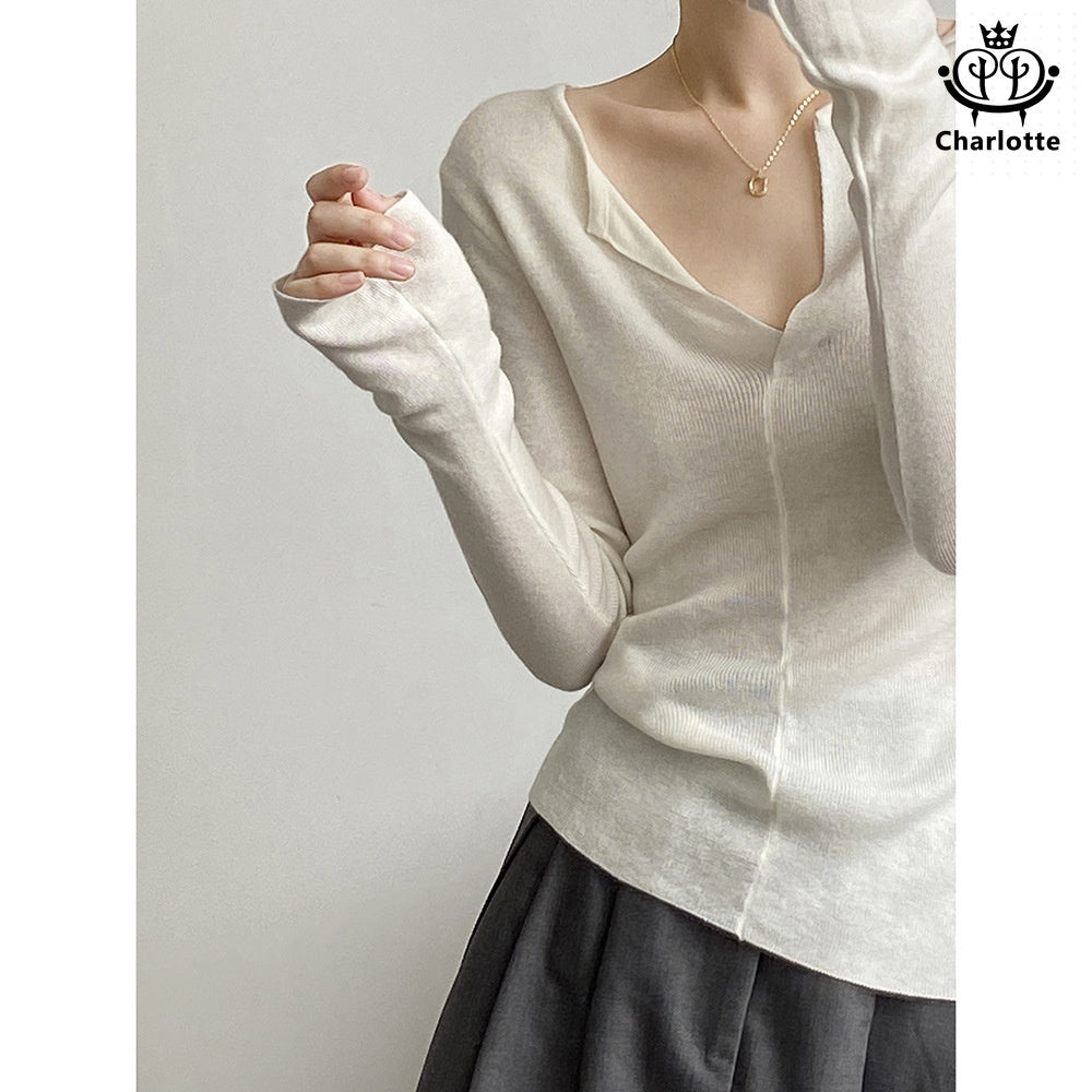 French V-neck open sweater solid color V-neck pin-up shirt [CHSW58]