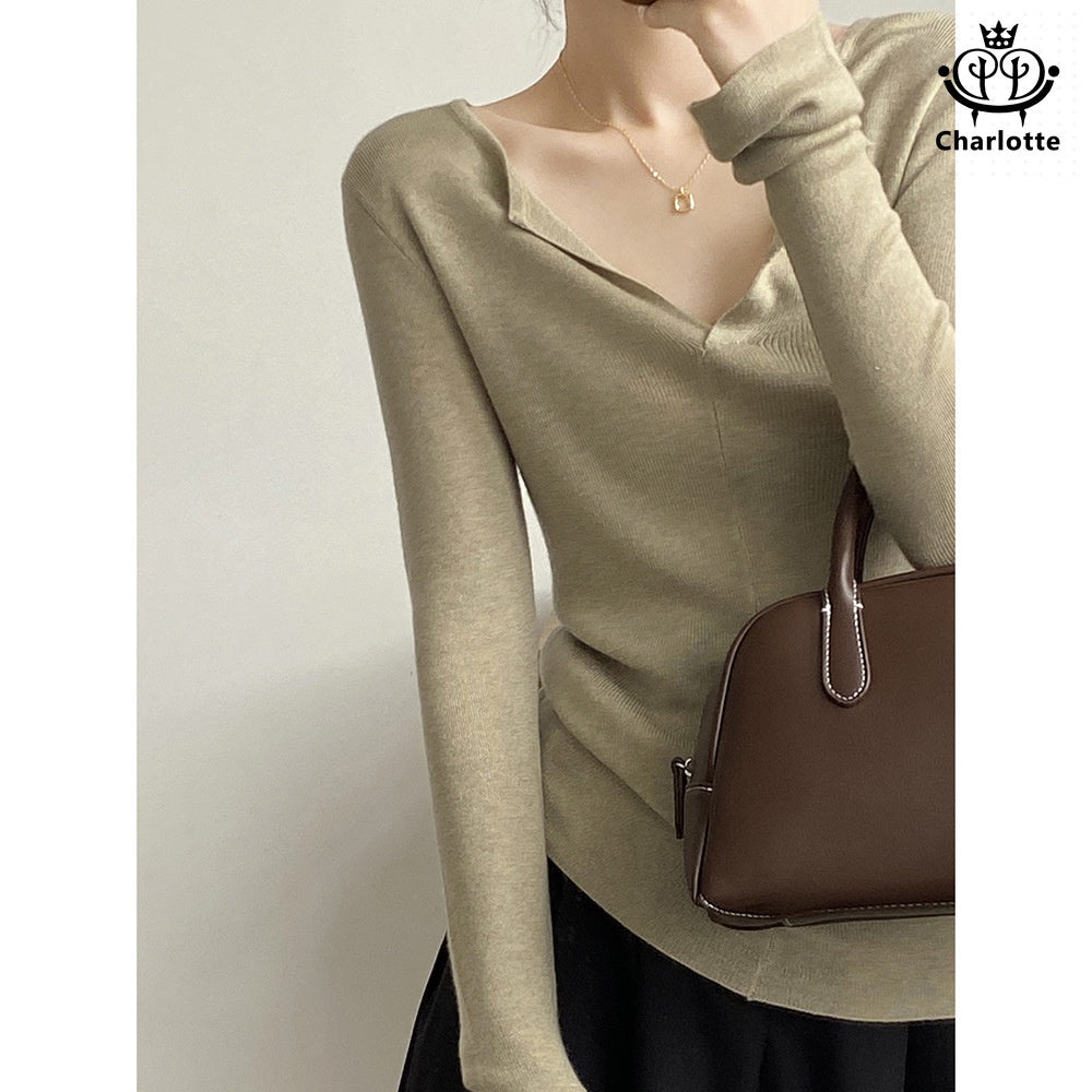 French V-neck open sweater solid color V-neck pin-up shirt [CHSW58]