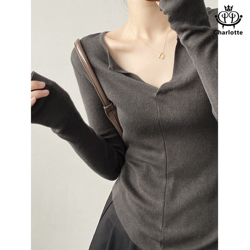 French V-neck open sweater solid color V-neck pin-up shirt [CHSW58]