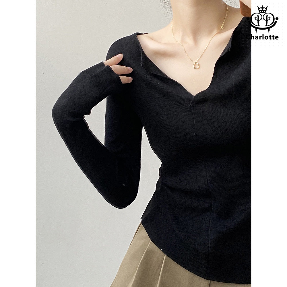 French V-neck open sweater solid color V-neck pin-up shirt [CHSW58]