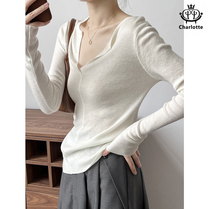 French V-neck open sweater solid color V-neck pin-up shirt [CHSW58]