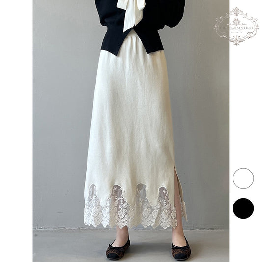 Wavy knitted lace skirt winter Korean style thickened slit skirt [CHSK129]