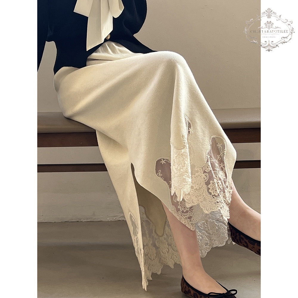 Wavy knitted lace skirt winter Korean style thickened slit skirt [CHSK129]