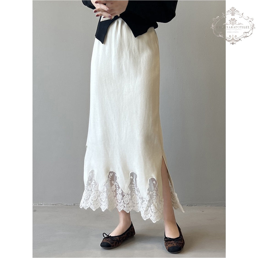 Wavy knitted lace skirt winter Korean style thickened slit skirt [CHSK129]