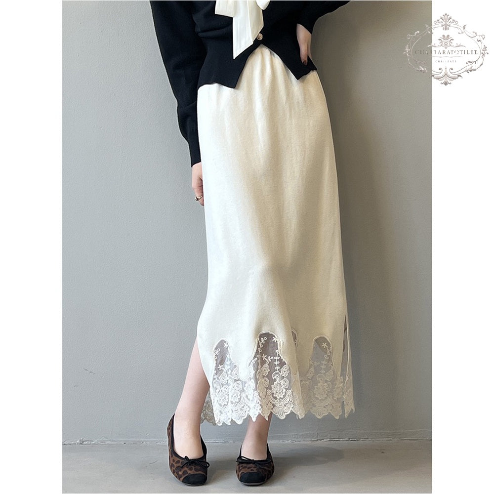 Wavy knitted lace skirt winter Korean style thickened slit skirt [CHSK129]