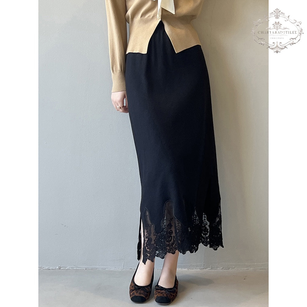 Wavy knitted lace skirt winter Korean style thickened slit skirt [CHSK129]