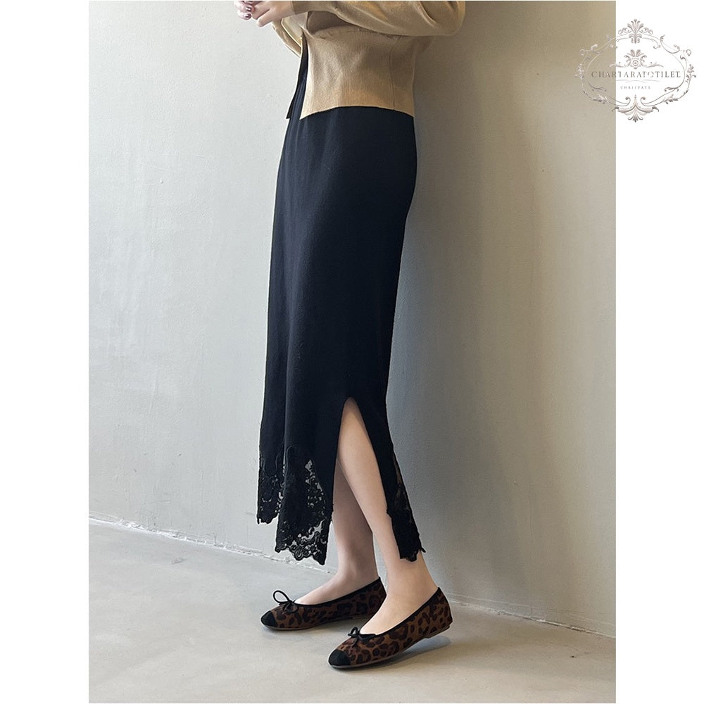 Wavy knitted lace skirt winter Korean style thickened slit skirt [CHSK129]